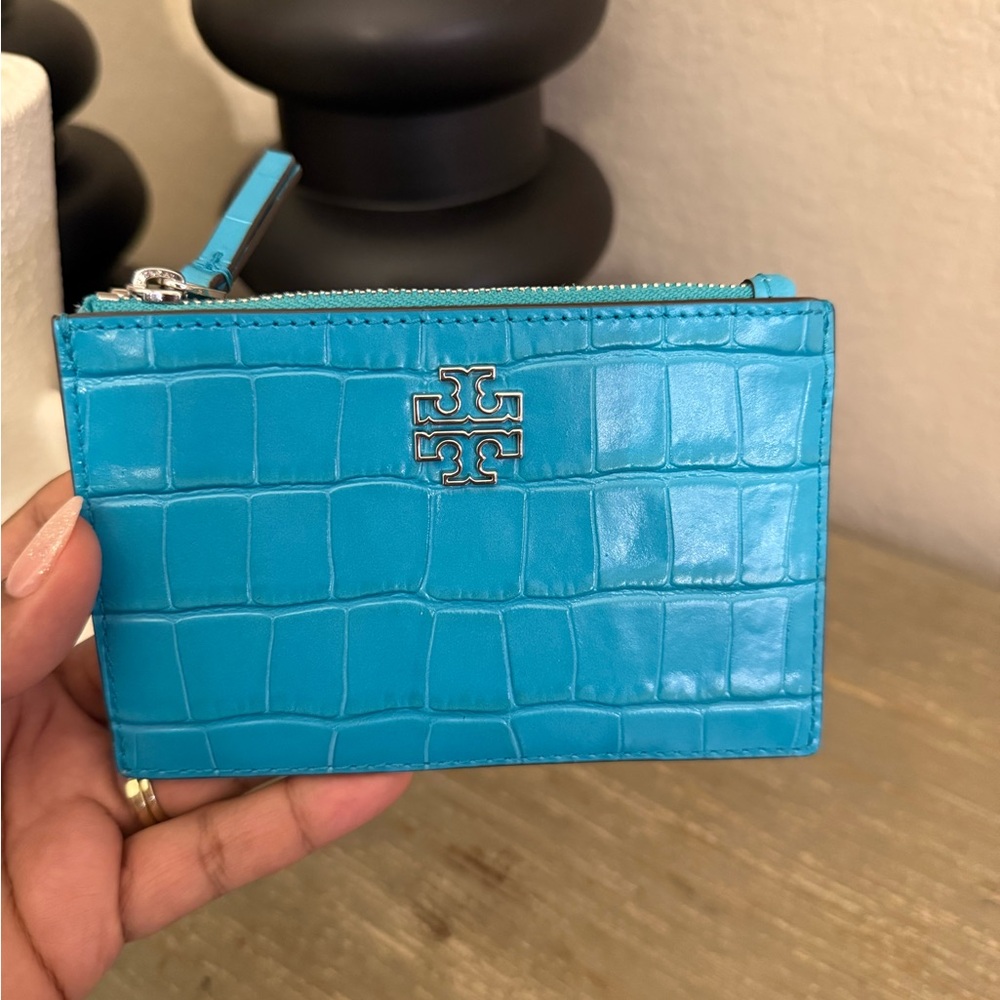 Tory Burch Turquoise Croc-Embossed Wallet